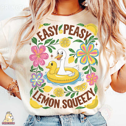 a woman wearing a t - shirt that says easy peasy lemon squeezey