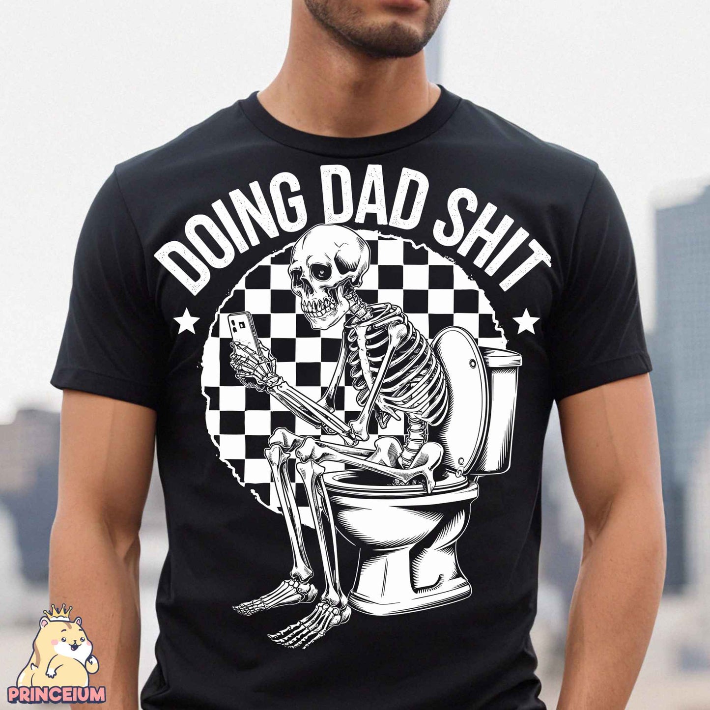 a man wearing a black shirt with a skeleton sitting on a toilet