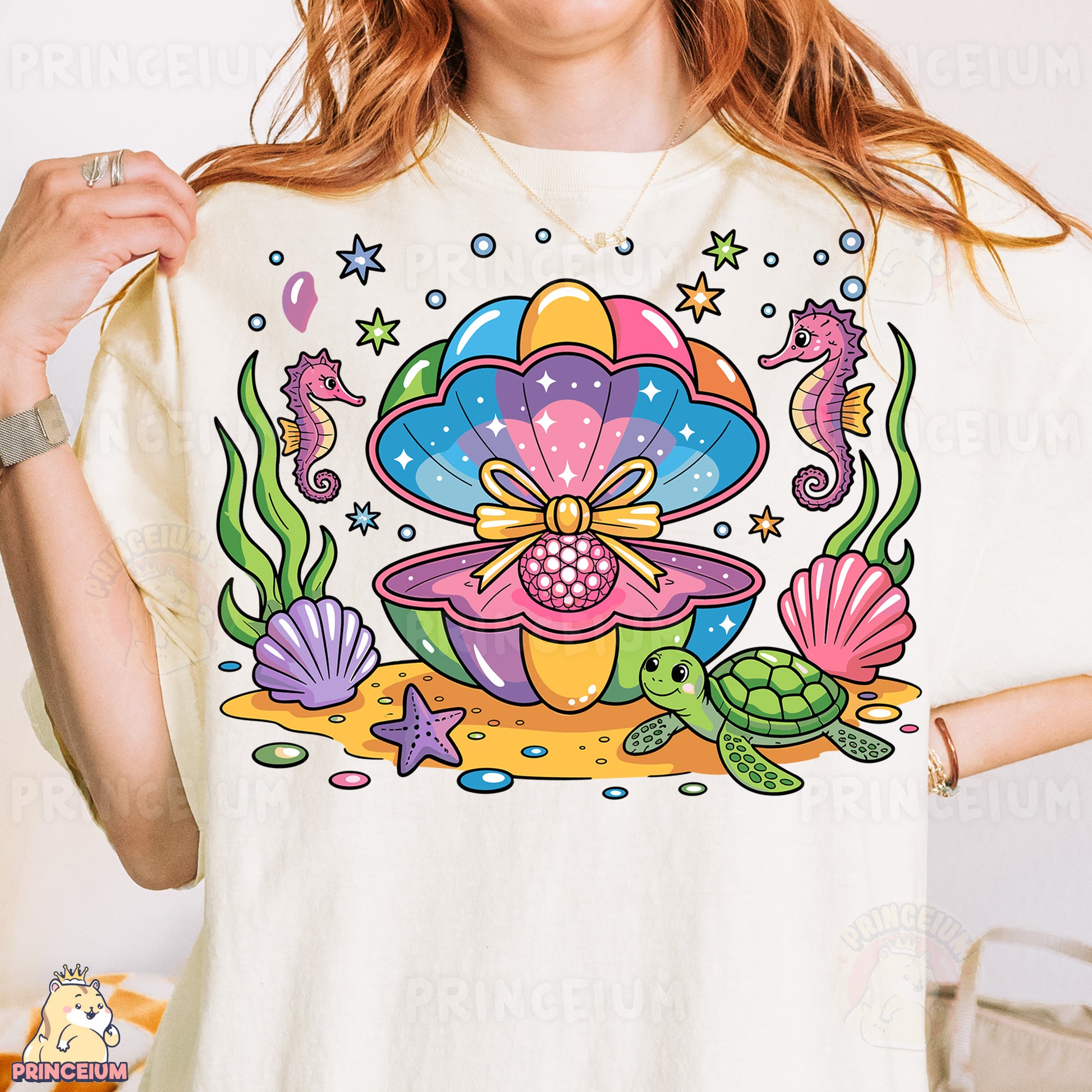 a woman wearing a t - shirt with an image of a flower and sea animals