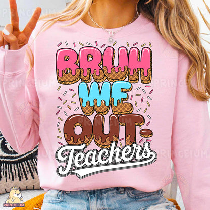 a woman wearing a pink sweatshirt that says, brown me out teachers
