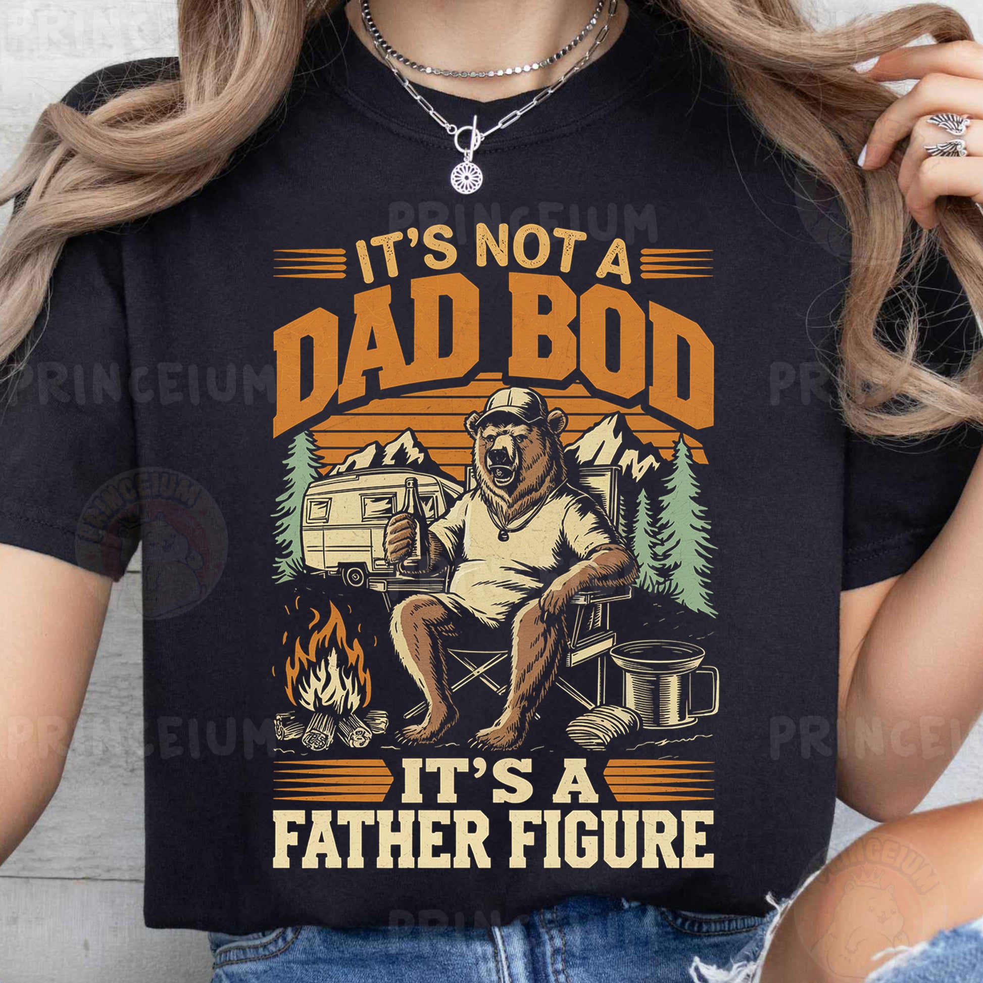 a woman wearing a t - shirt that says it's not a dad bo