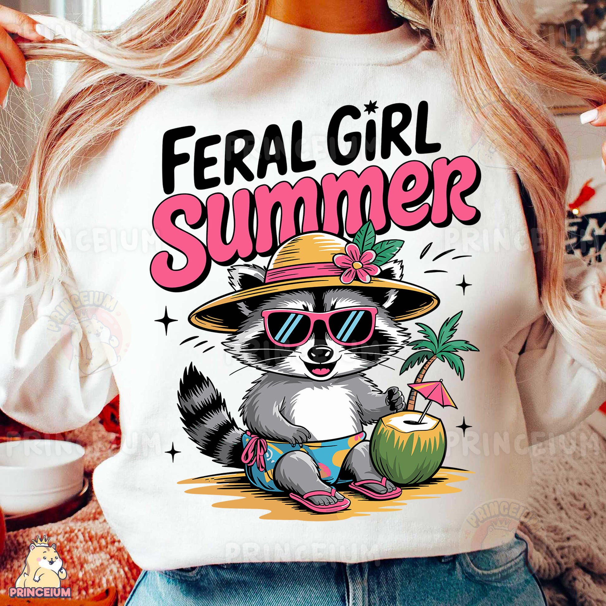 a woman wearing a white shirt with a raccoon wearing a hat and sunglasses