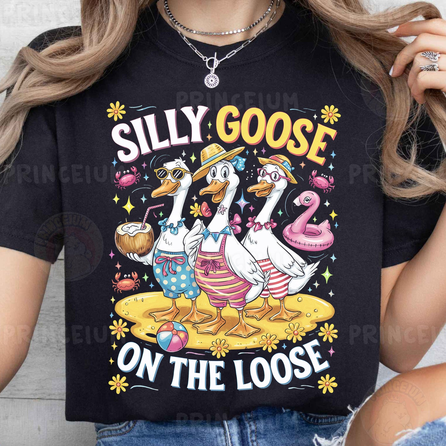 a woman wearing a silly goose on the loose t - shirt