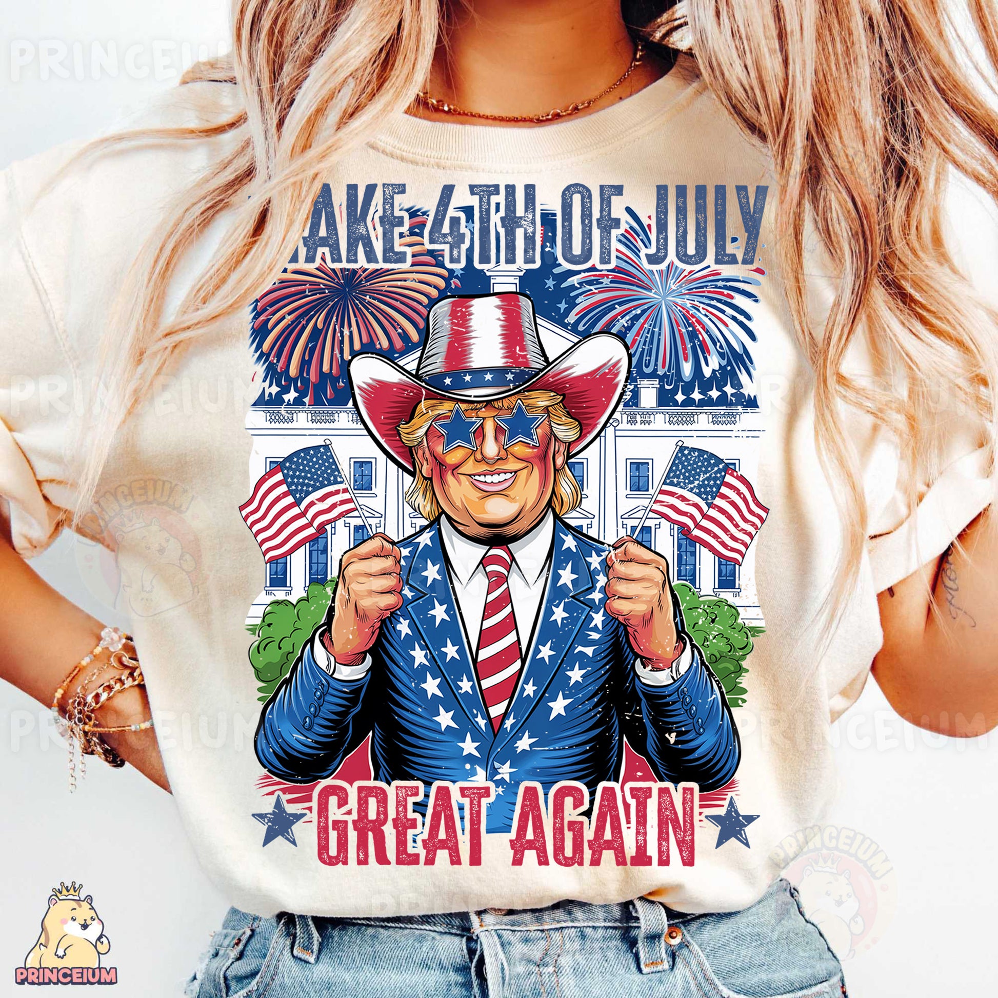 a woman wearing a t - shirt with an image of a man wearing a hat