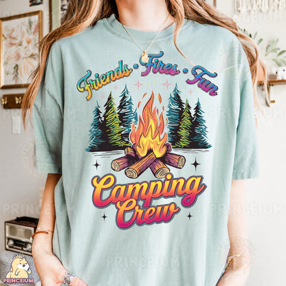 a woman wearing a t - shirt that says camping crew