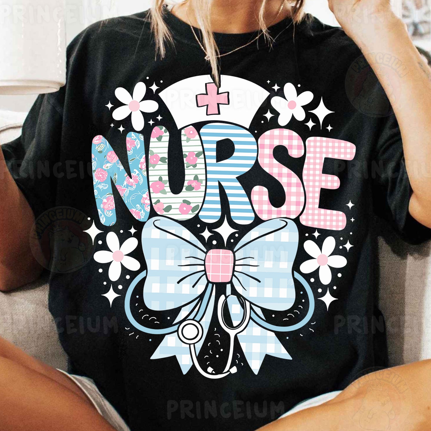 a woman sitting on a couch wearing a nurse shirt