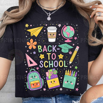 a woman wearing a black back to school t - shirt