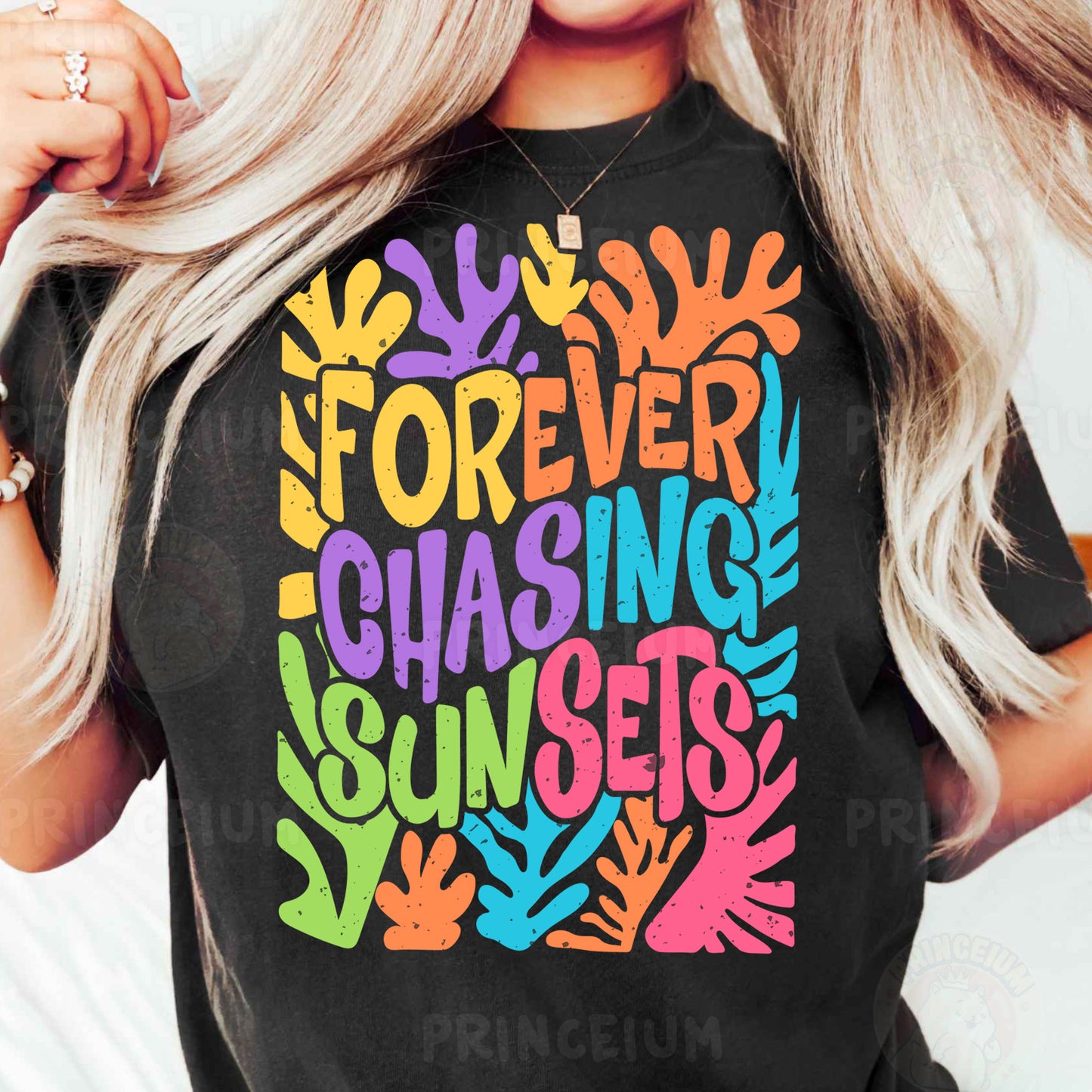 a woman wearing a t - shirt that says forever chasing sun sets