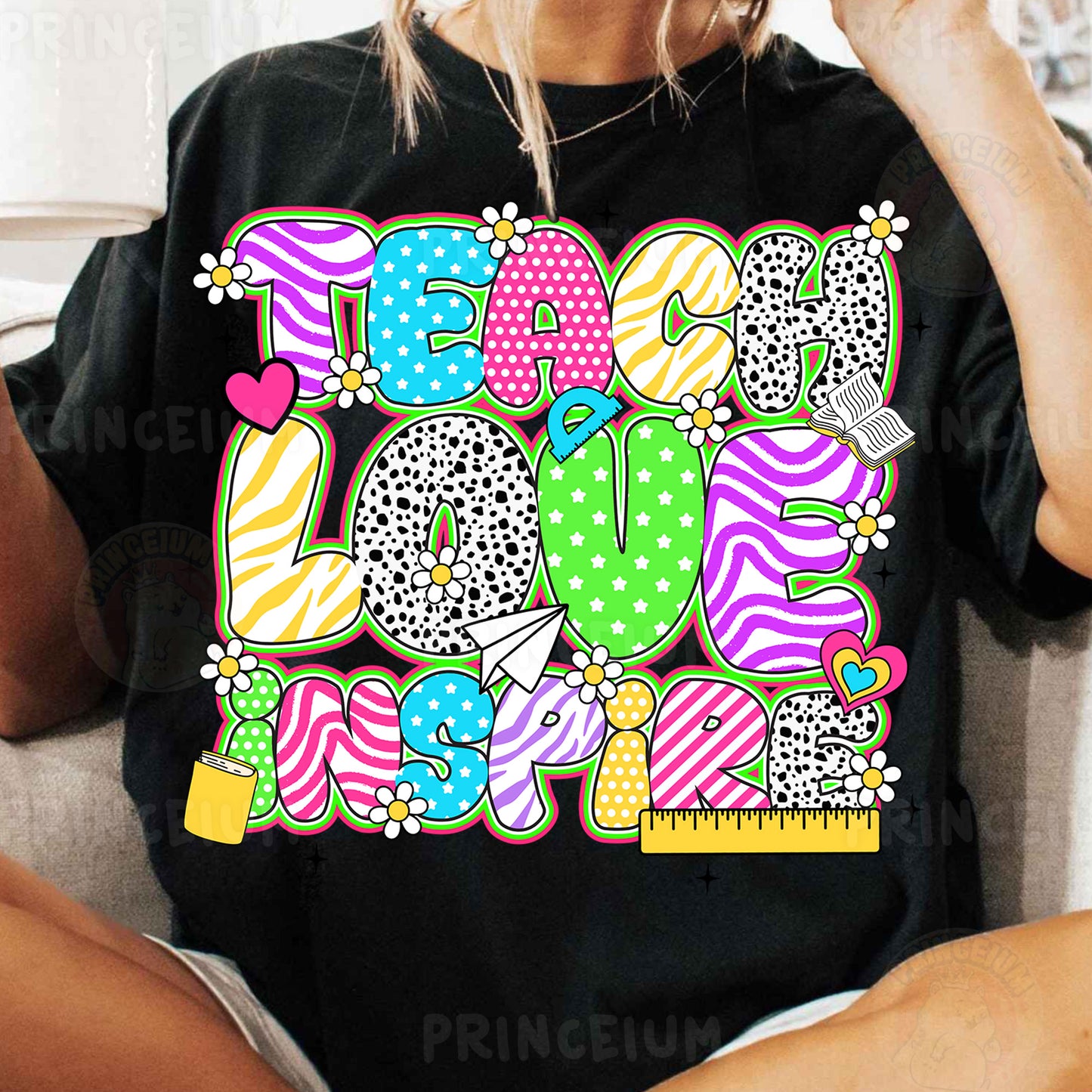 a woman sitting on a couch wearing a t - shirt that says peace