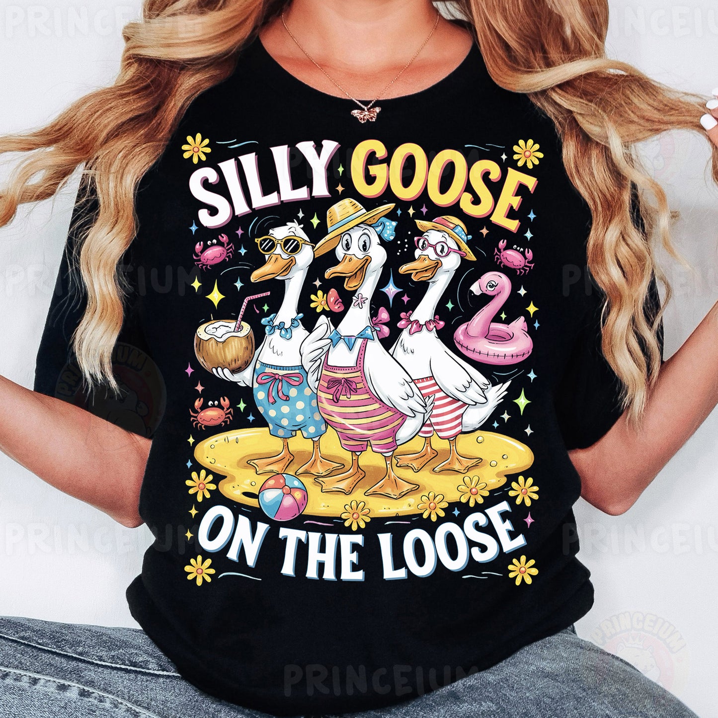 a woman wearing a silly goose on the loose t - shirt