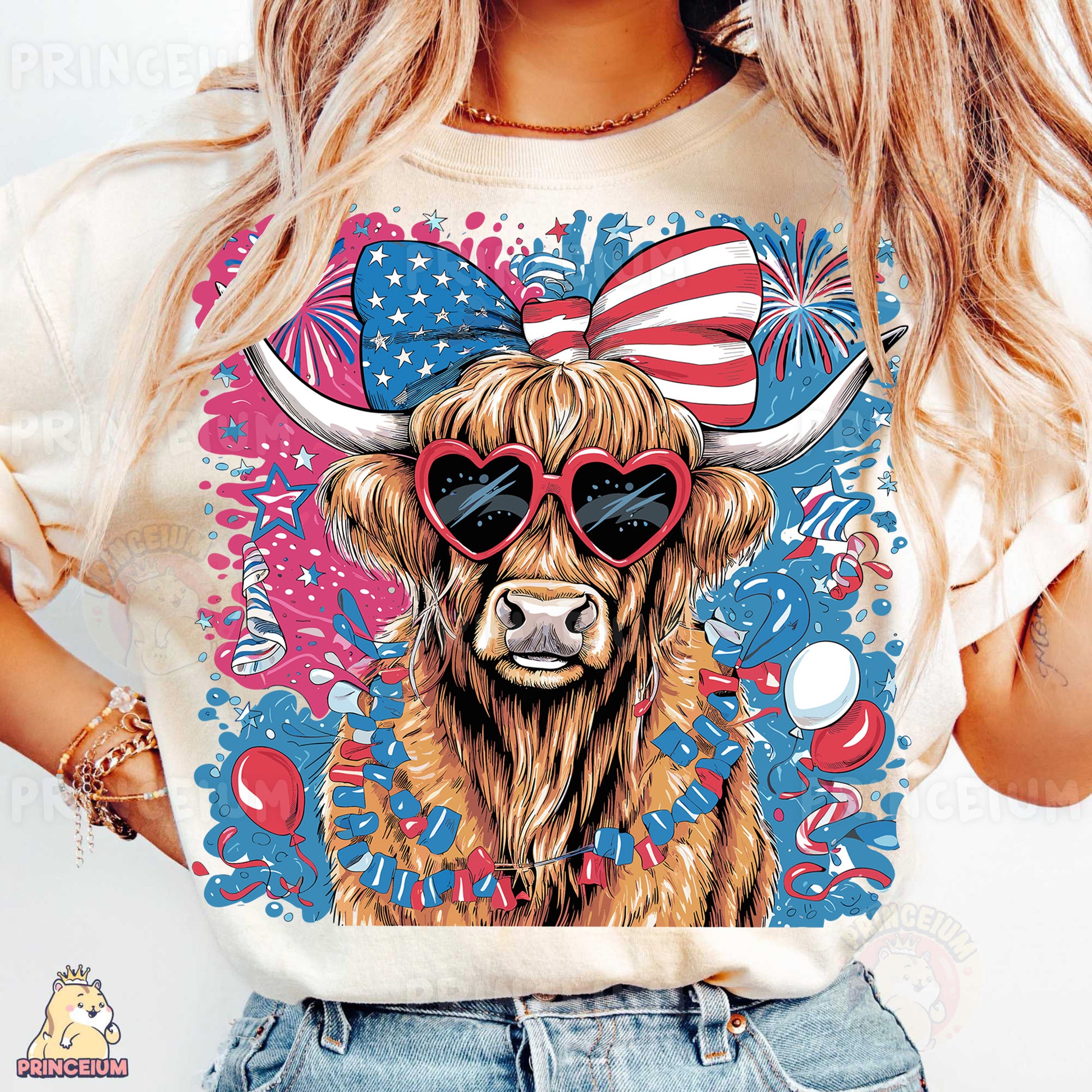 a woman wearing a shirt with a cow wearing sunglasses