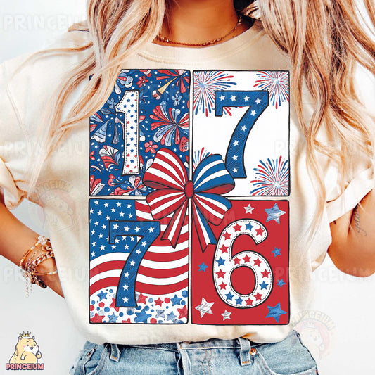 a woman wearing a fourth of july t - shirt
