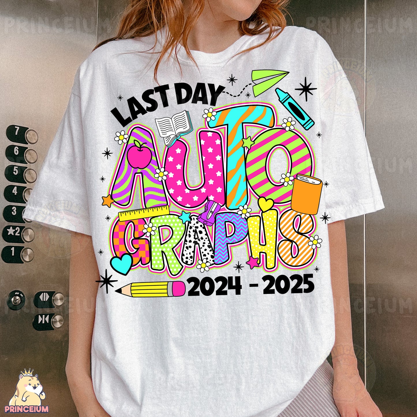 a woman wearing a t - shirt that says last day autographs