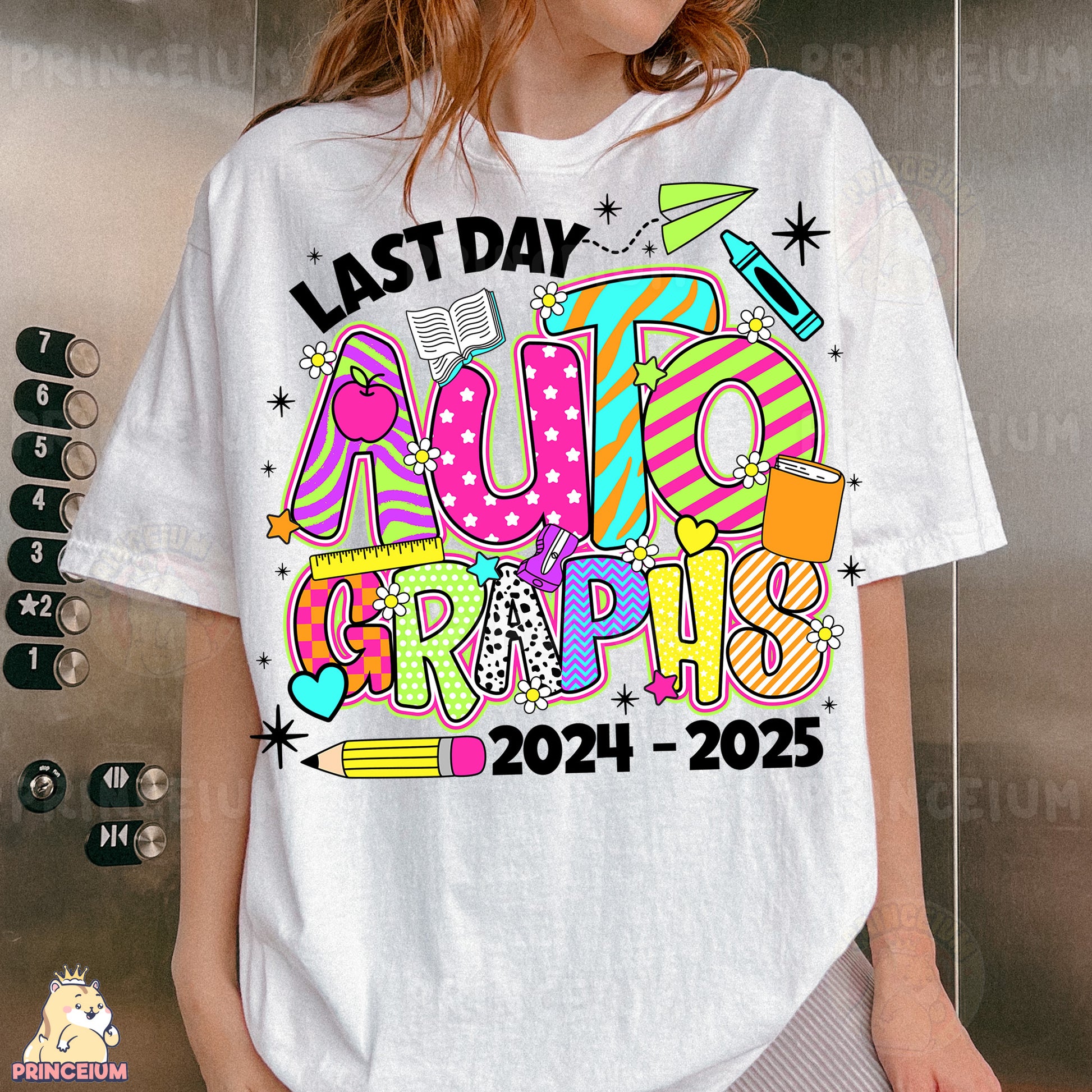 a woman wearing a t - shirt that says last day autographs