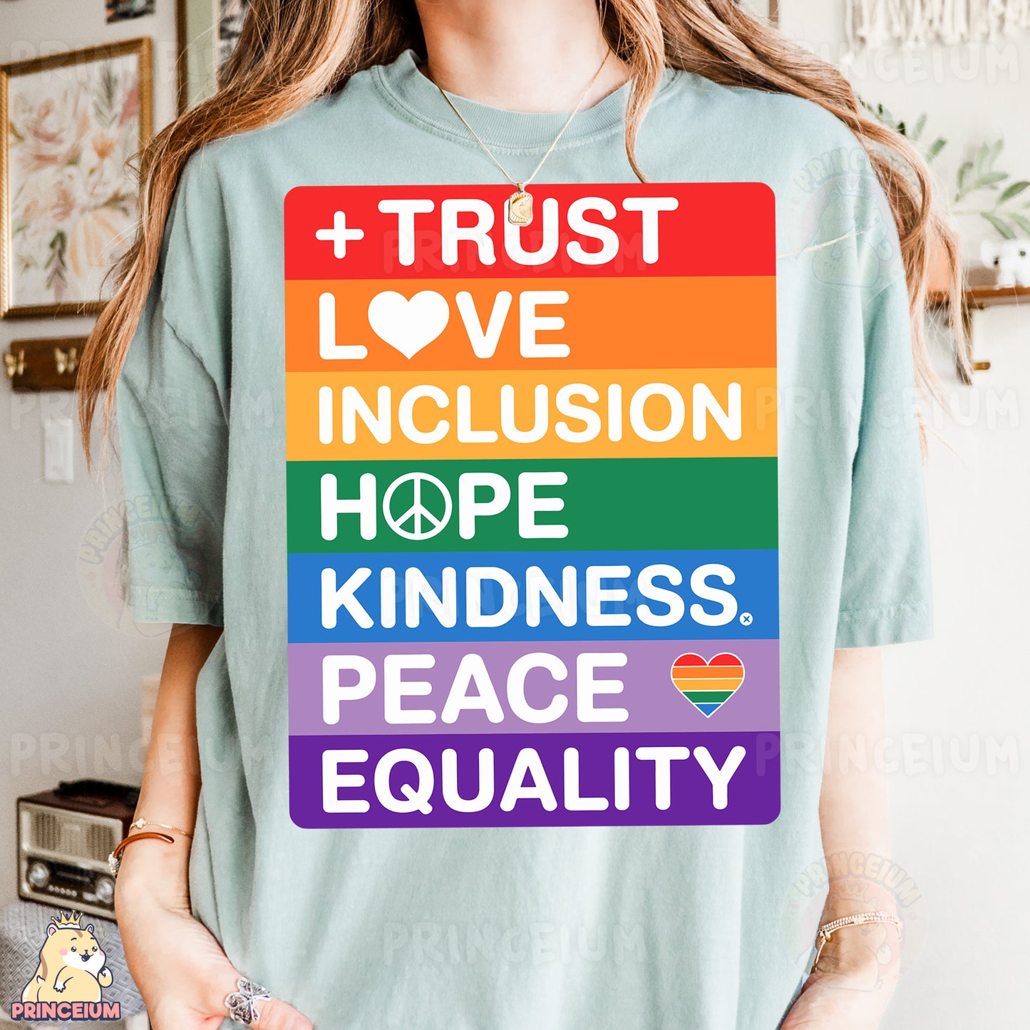 a woman wearing a t - shirt that says trust love, love, inclus