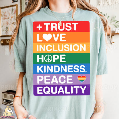 a woman wearing a t - shirt that says trust love, love, inclus