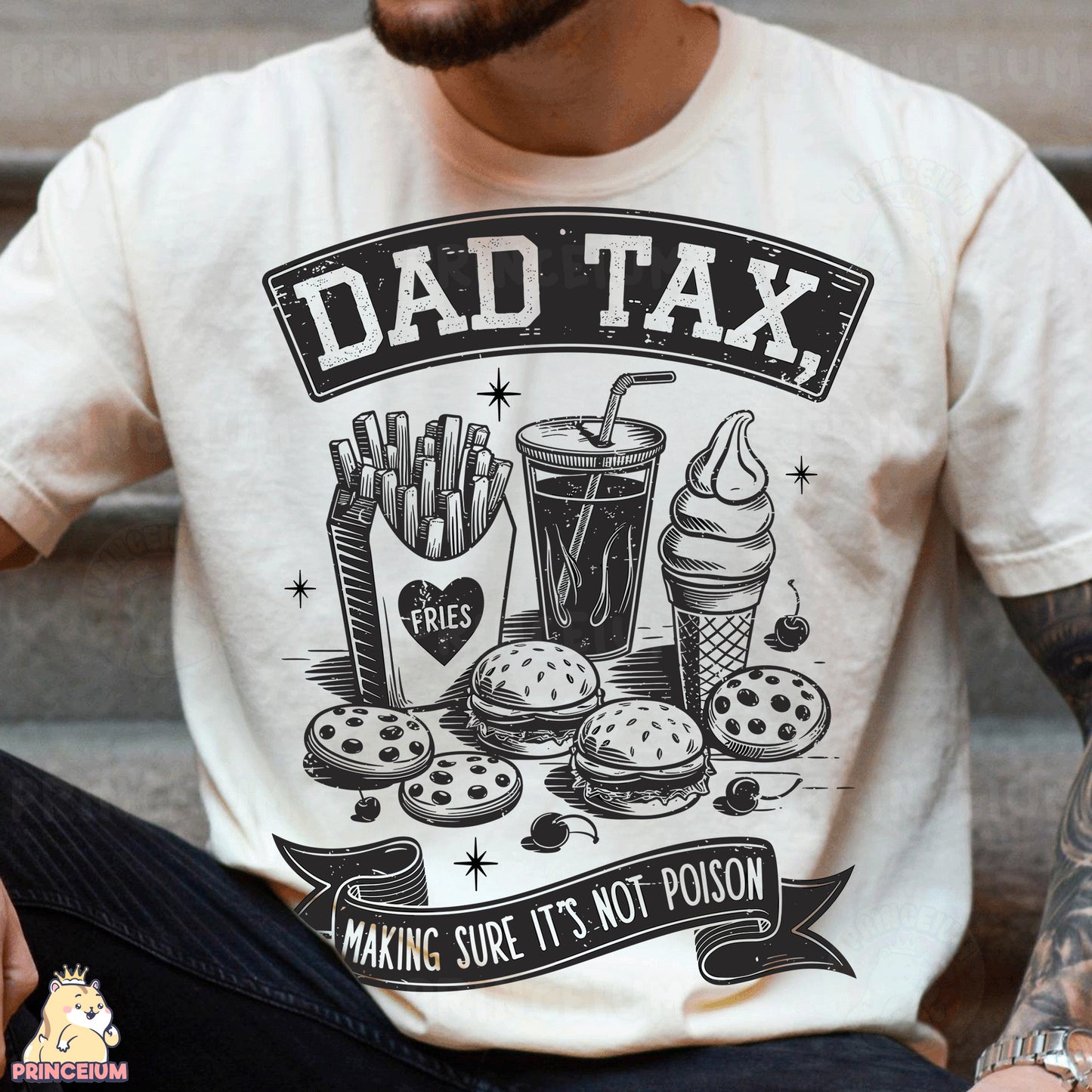 a man wearing a dad tax t - shirt