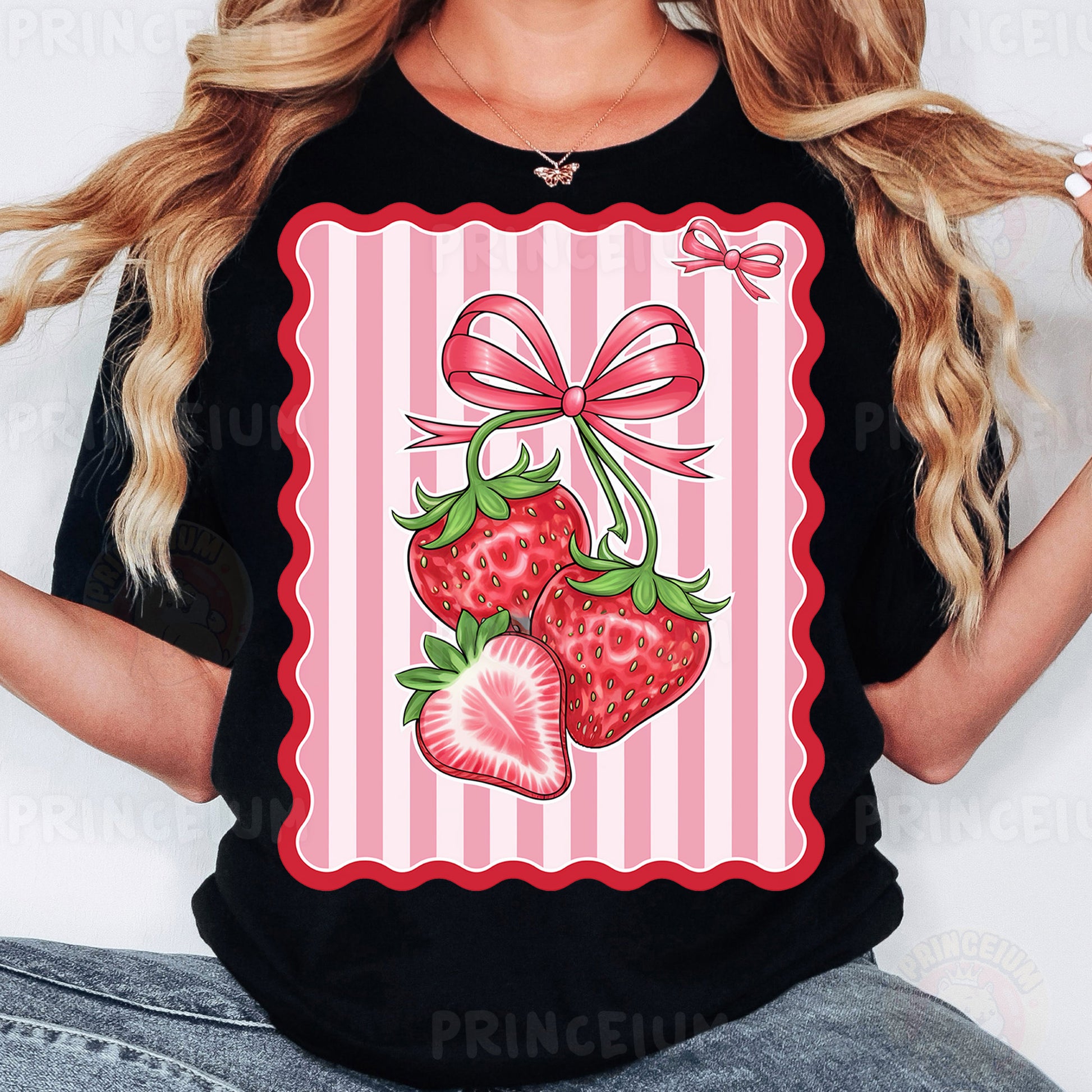 a woman wearing a t - shirt with a picture of two strawberries on it