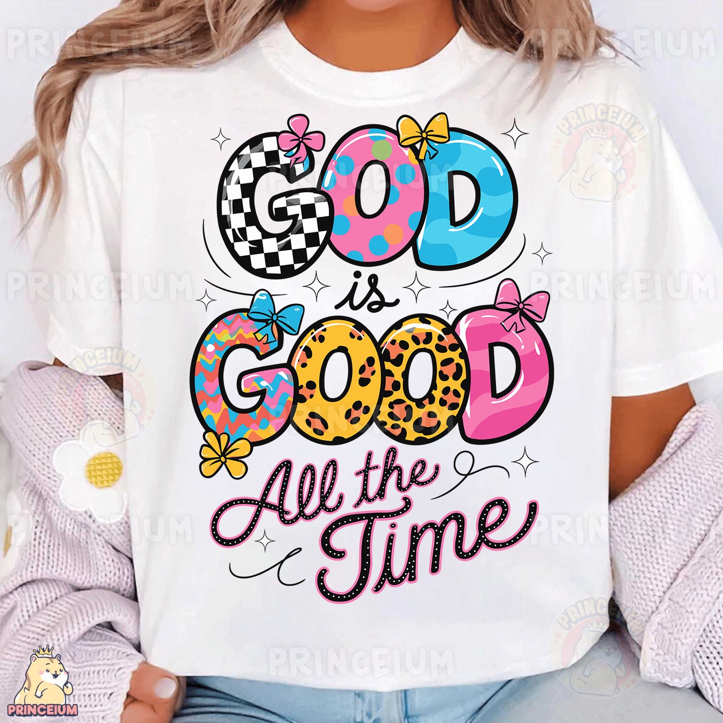 a woman wearing a t - shirt that says god is good all the time