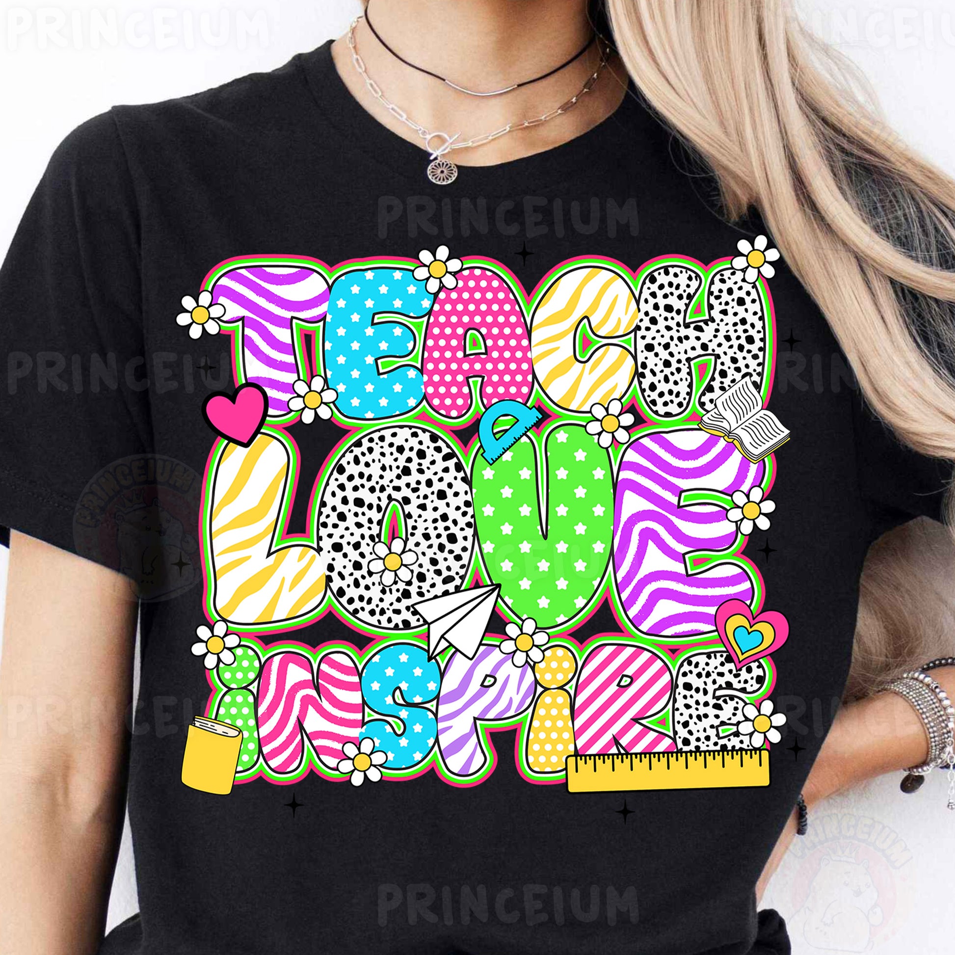 a woman wearing a black t - shirt with colorful letters