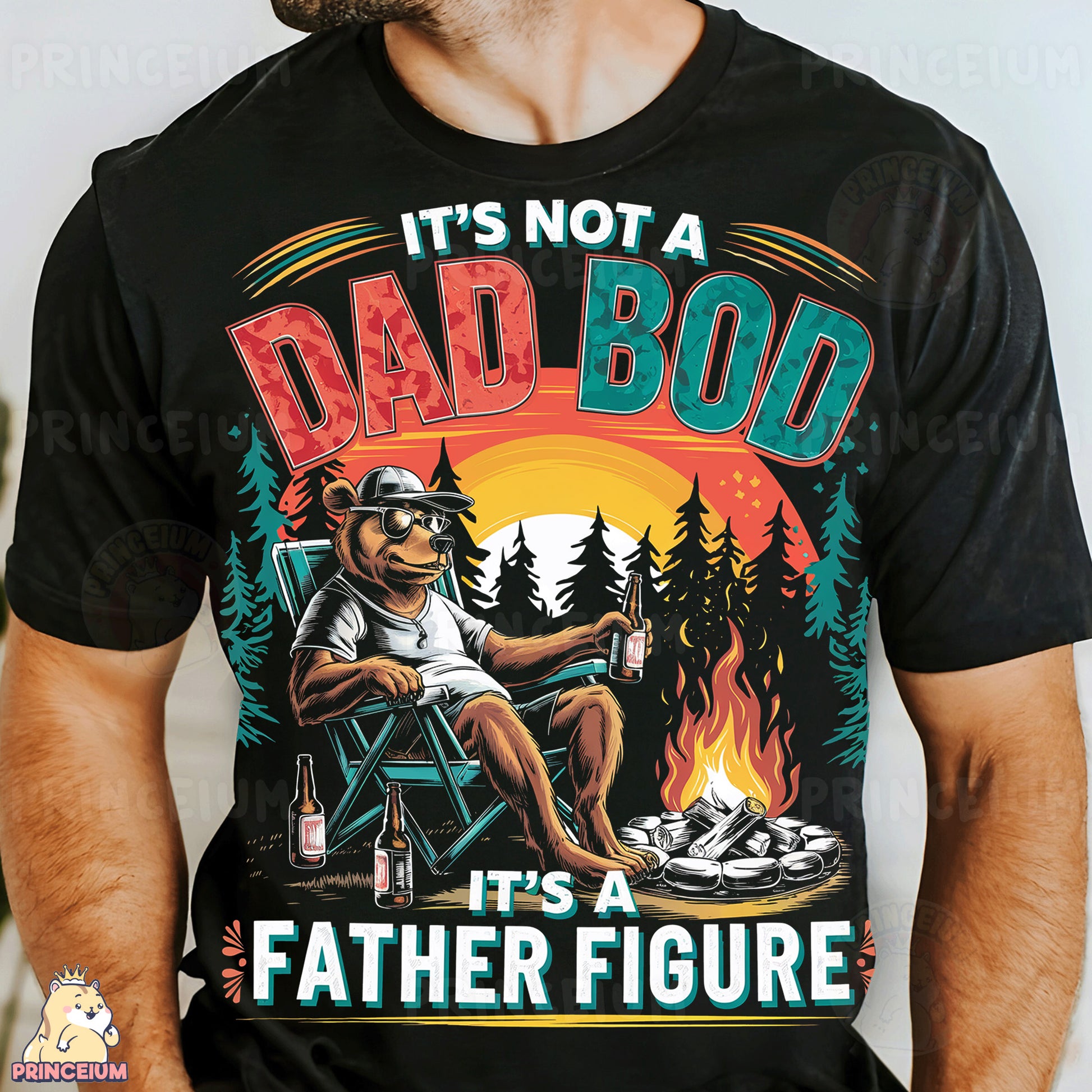 a man wearing a t - shirt with a picture of a bear sitting in a