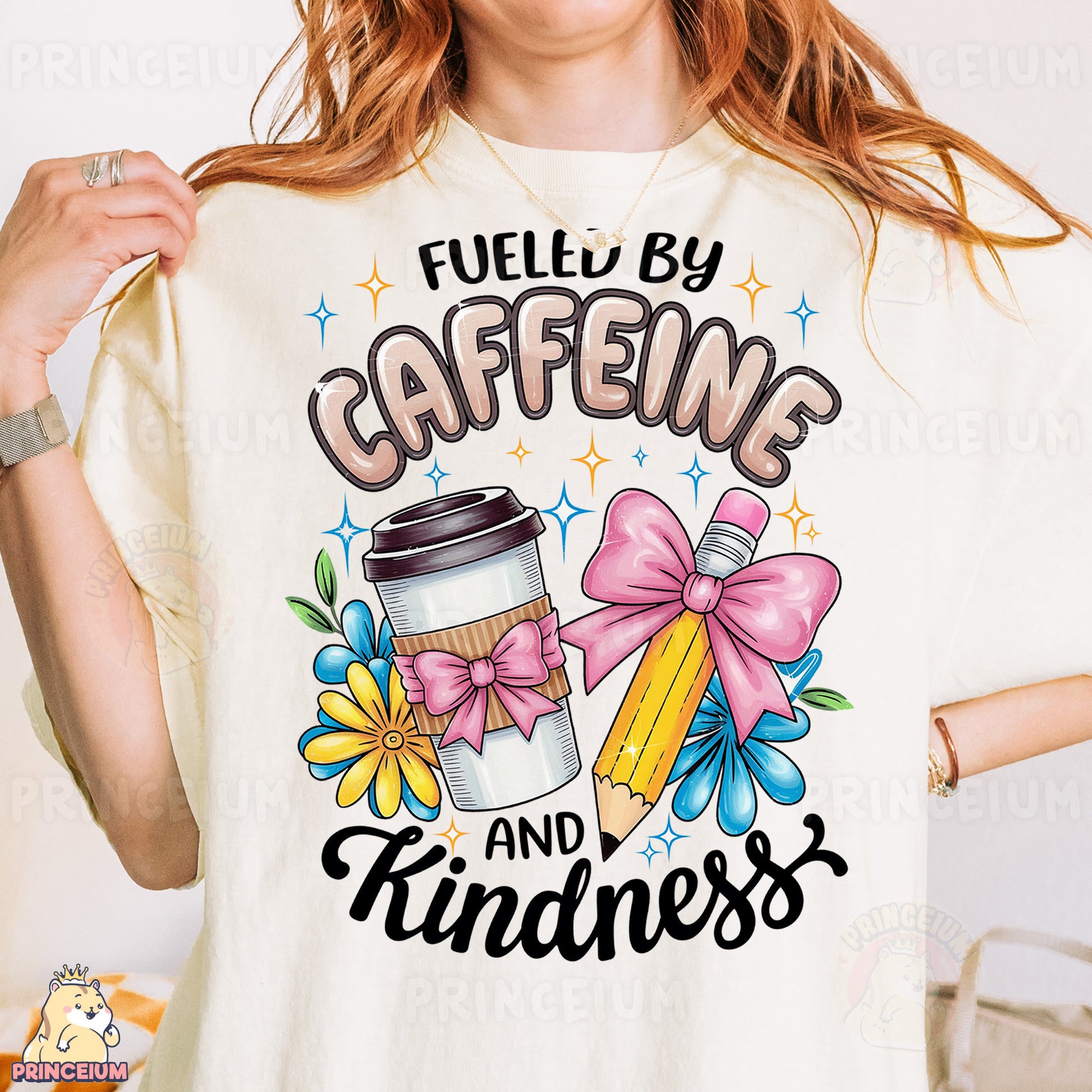 a woman wearing a t - shirt that says fueled by caffeine and kindness