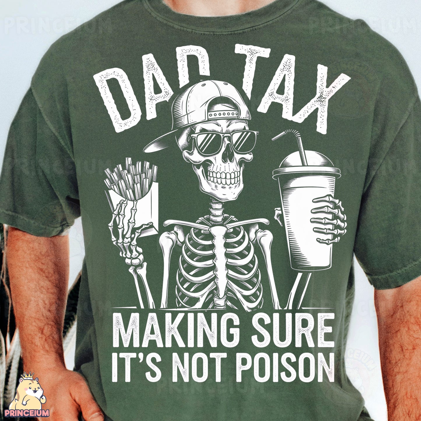 a man wearing a green shirt with a skeleton holding a drink