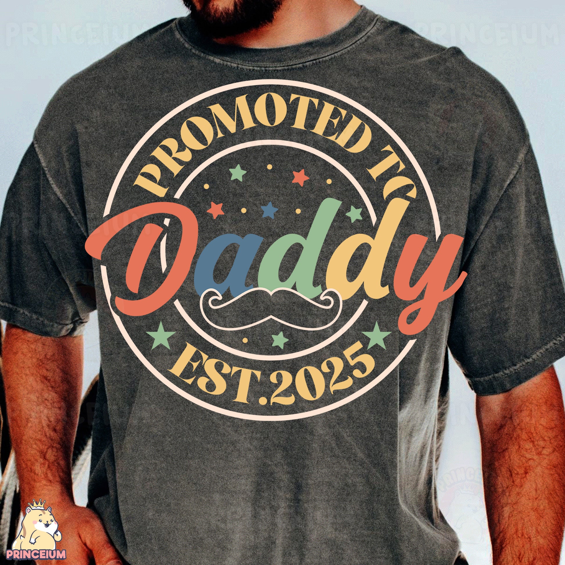 a man wearing a t - shirt with a mustache and stars on it