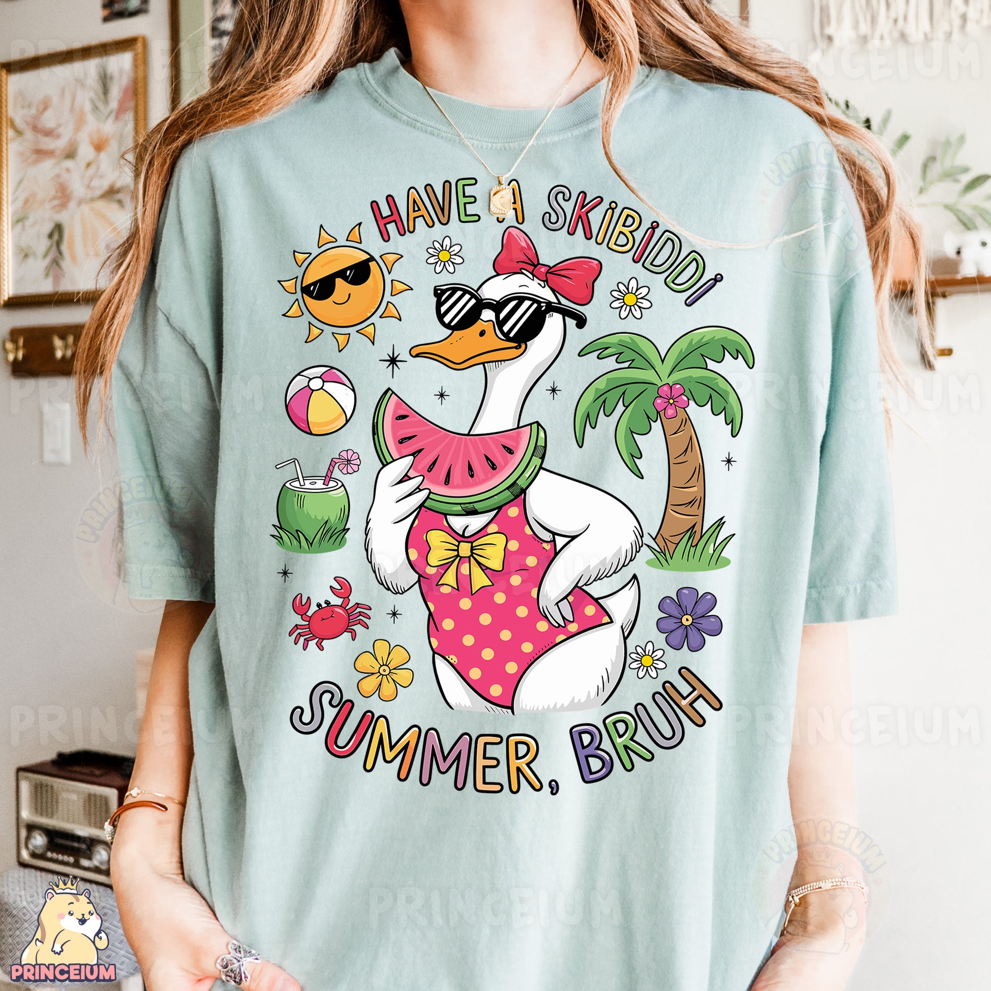 a woman wearing a t - shirt with a duck wearing a swim suit