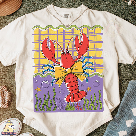 a t - shirt with a picture of a lobster on it