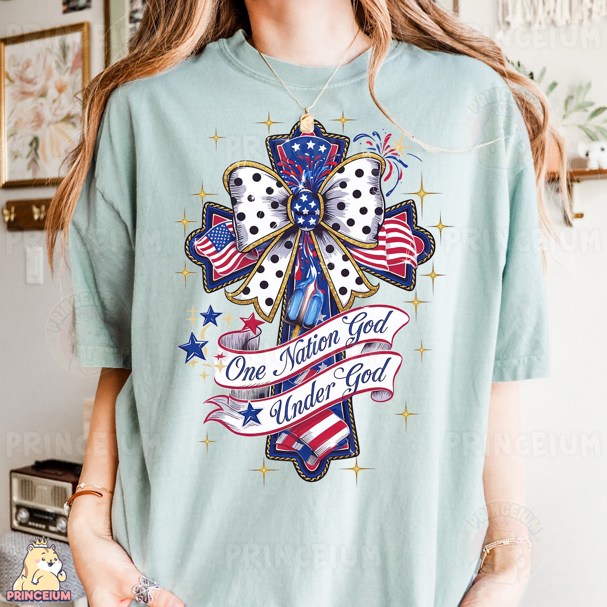 a woman wearing a t - shirt with a cross on it