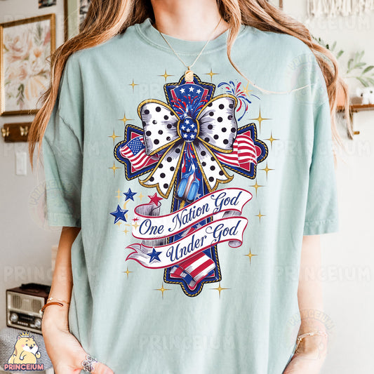 a woman wearing a t - shirt with a cross on it