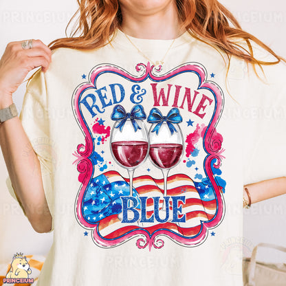 a woman wearing a red and wine t - shirt