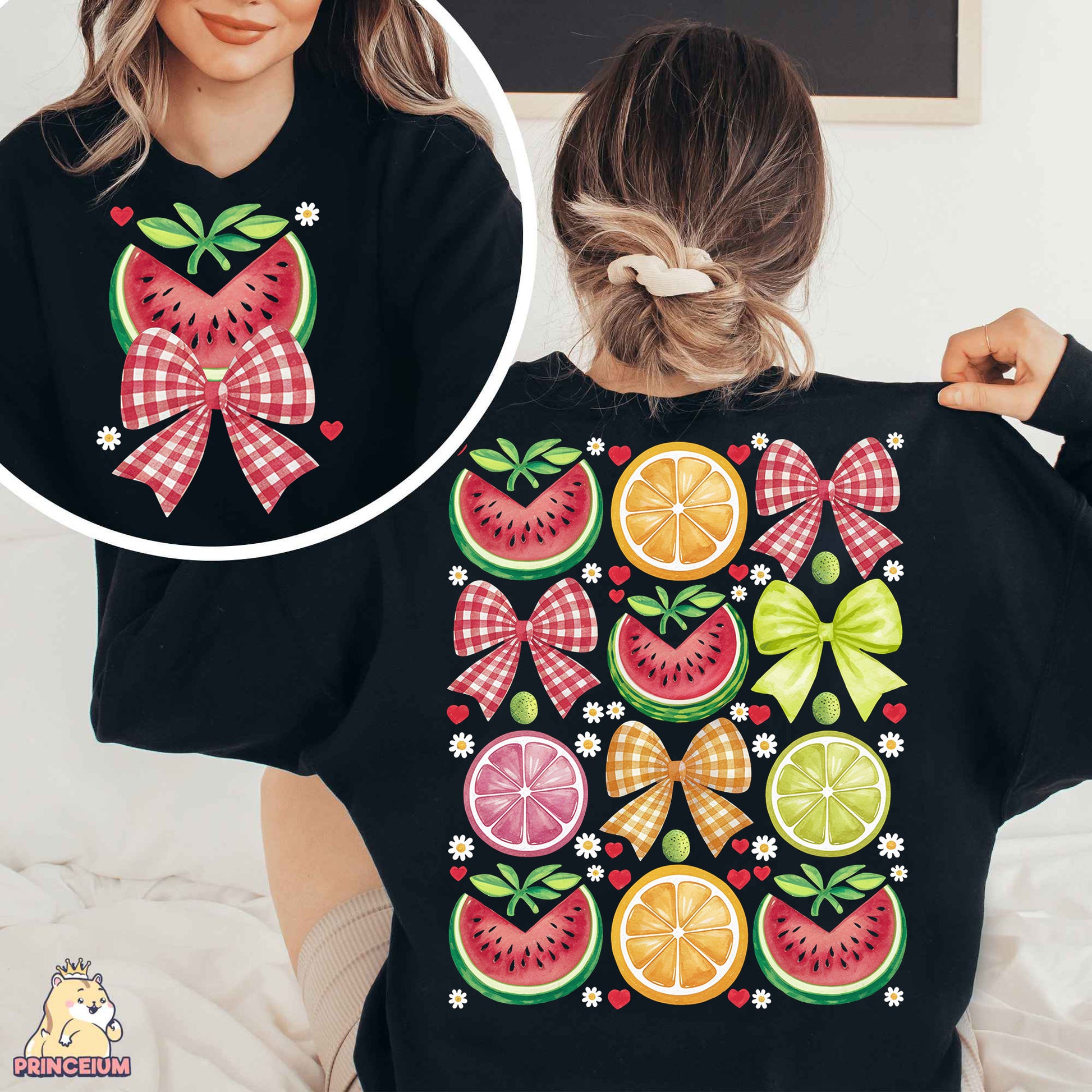 a woman wearing a black shirt with fruit on it