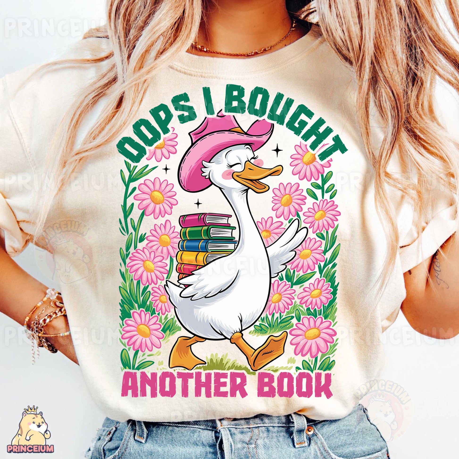 a woman wearing a t - shirt with a duck reading a book