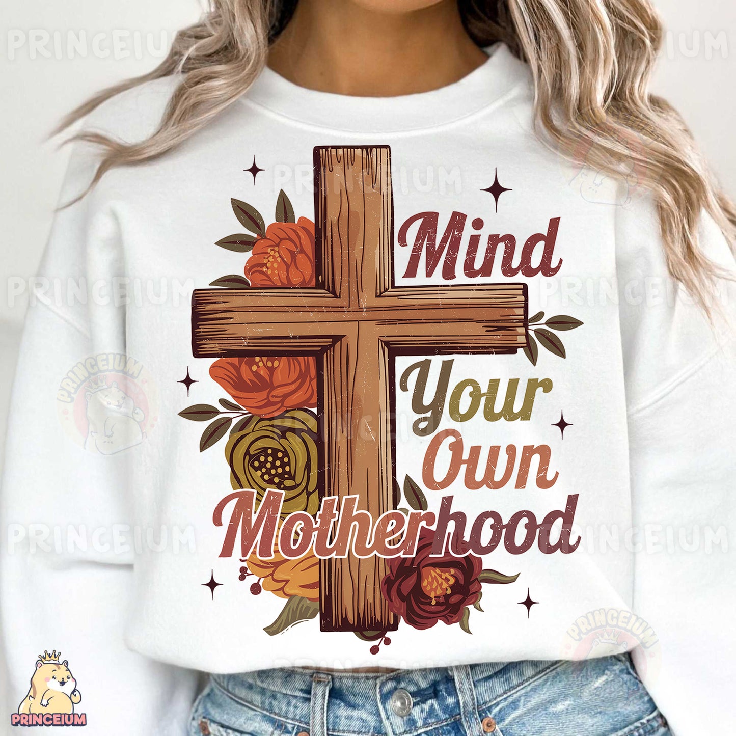 a woman wearing a sweatshirt that says mind your own motherhood