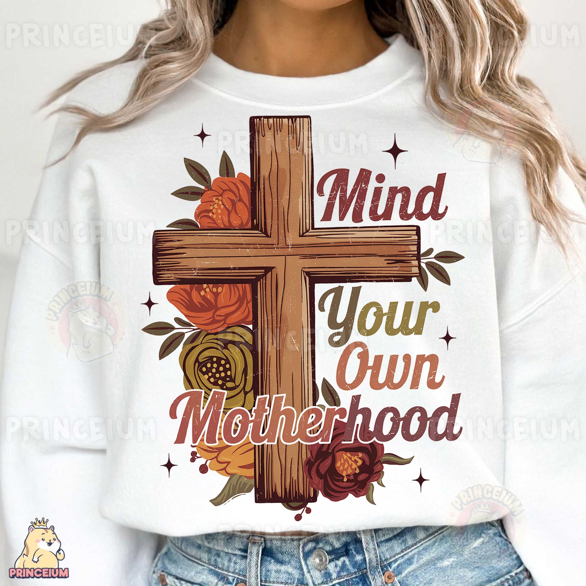 a woman wearing a sweatshirt that says mind your own motherhood