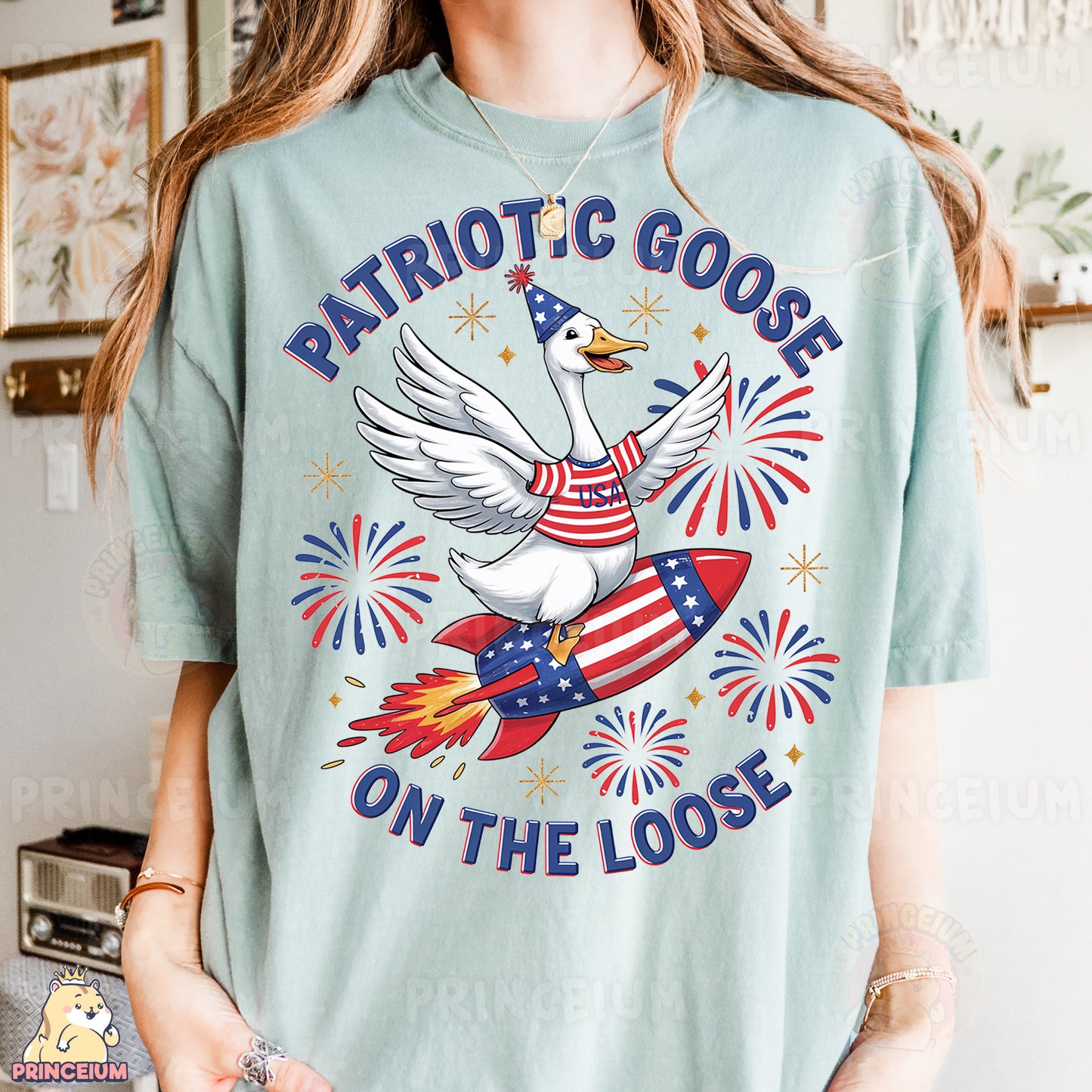 a woman wearing a patriotic goose on the loose t - shirt