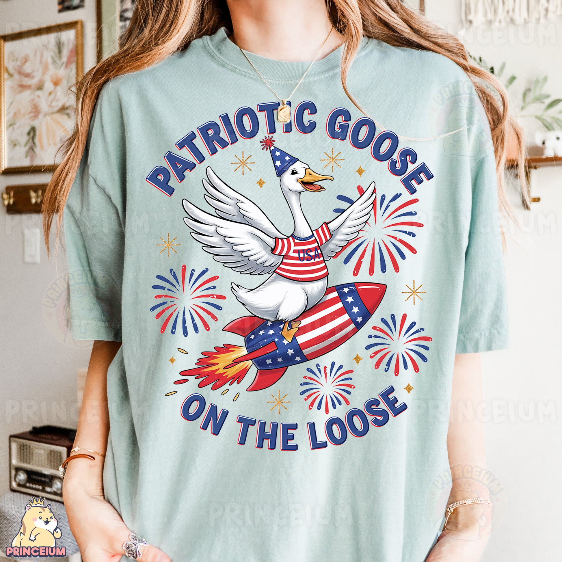 a woman wearing a patriotic goose on the loose t - shirt
