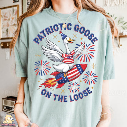 a woman wearing a patriotic goose on the loose t - shirt