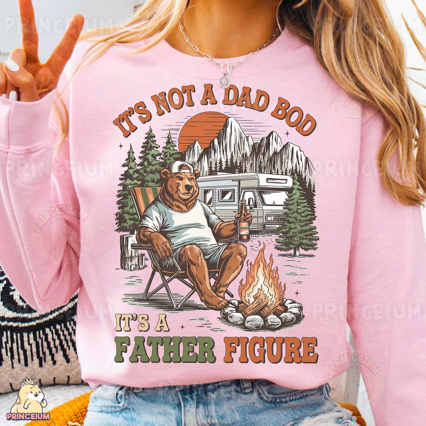 a woman wearing a pink shirt that says it's not a dad bod