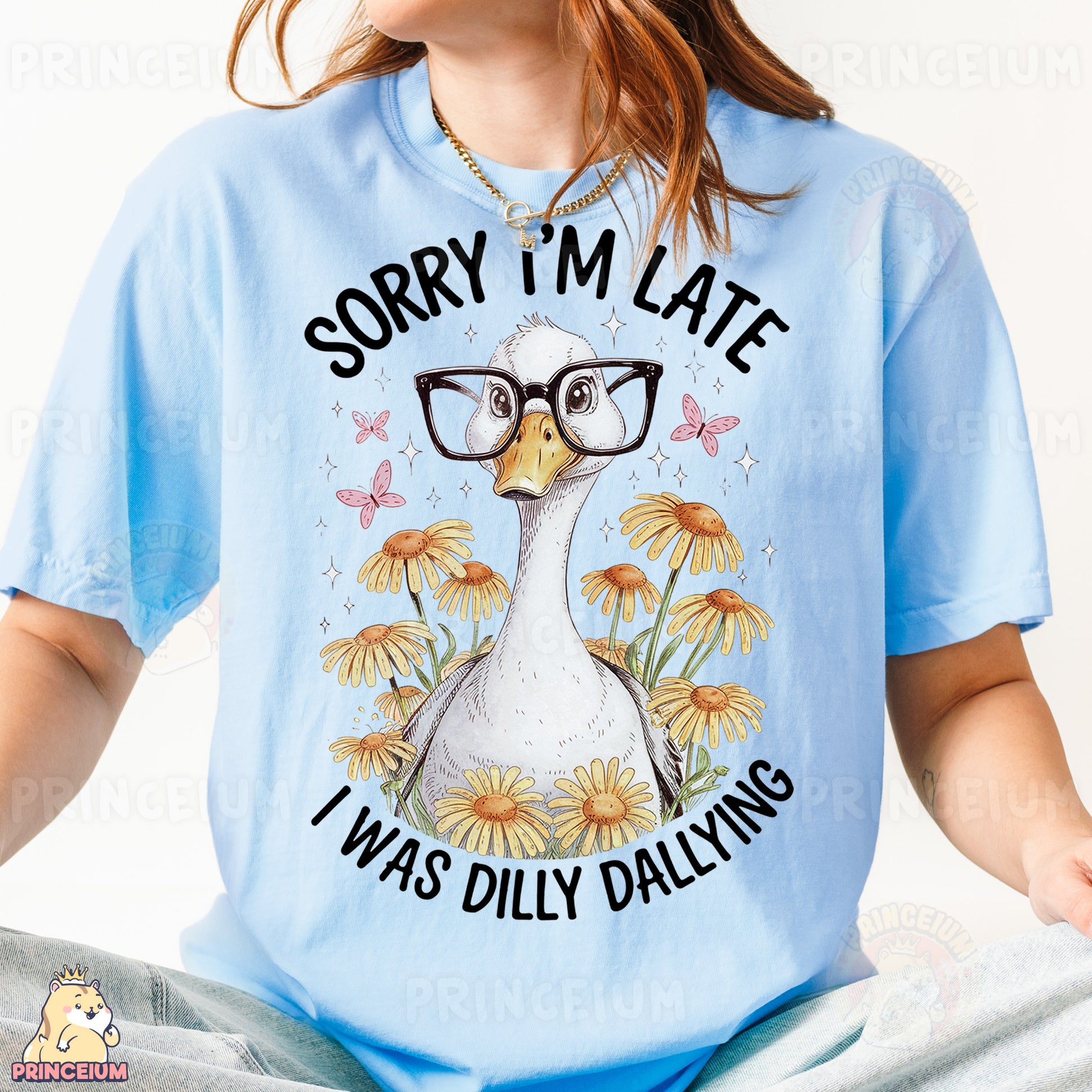 a woman wearing a blue shirt with a duck wearing glasses