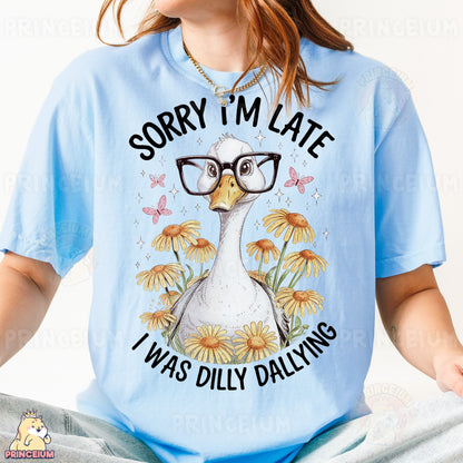 a woman wearing a blue shirt with a duck wearing glasses