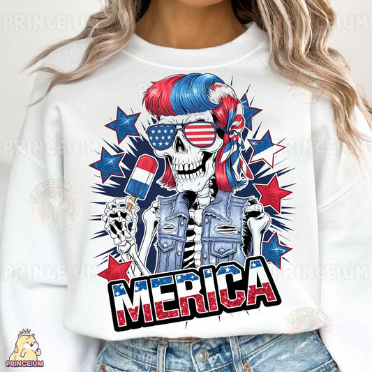 a woman wearing a white sweatshirt with a patriotic skull on it