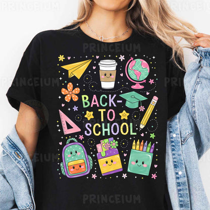 a woman wearing a black back to school shirt