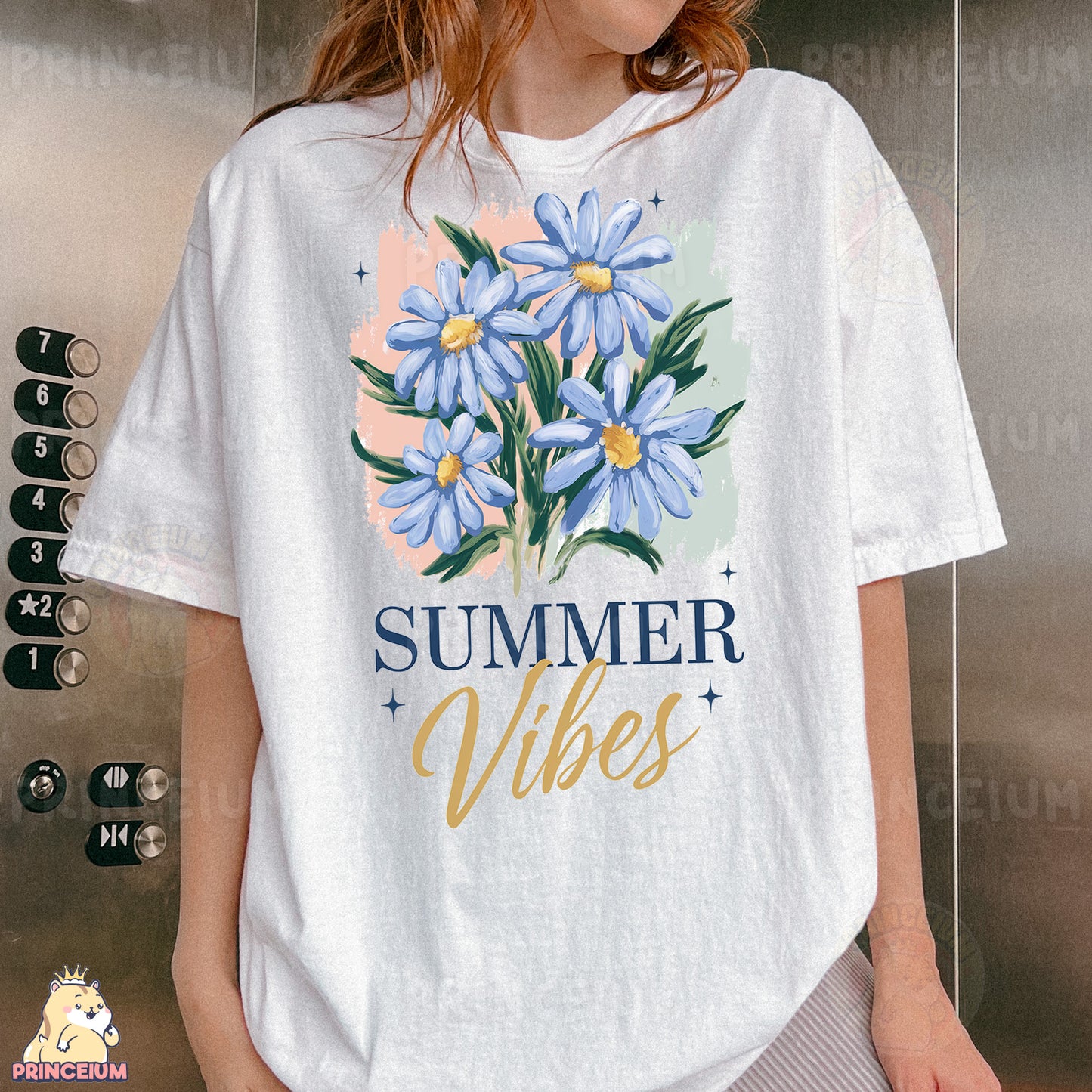 a woman wearing a white shirt with blue flowers on it