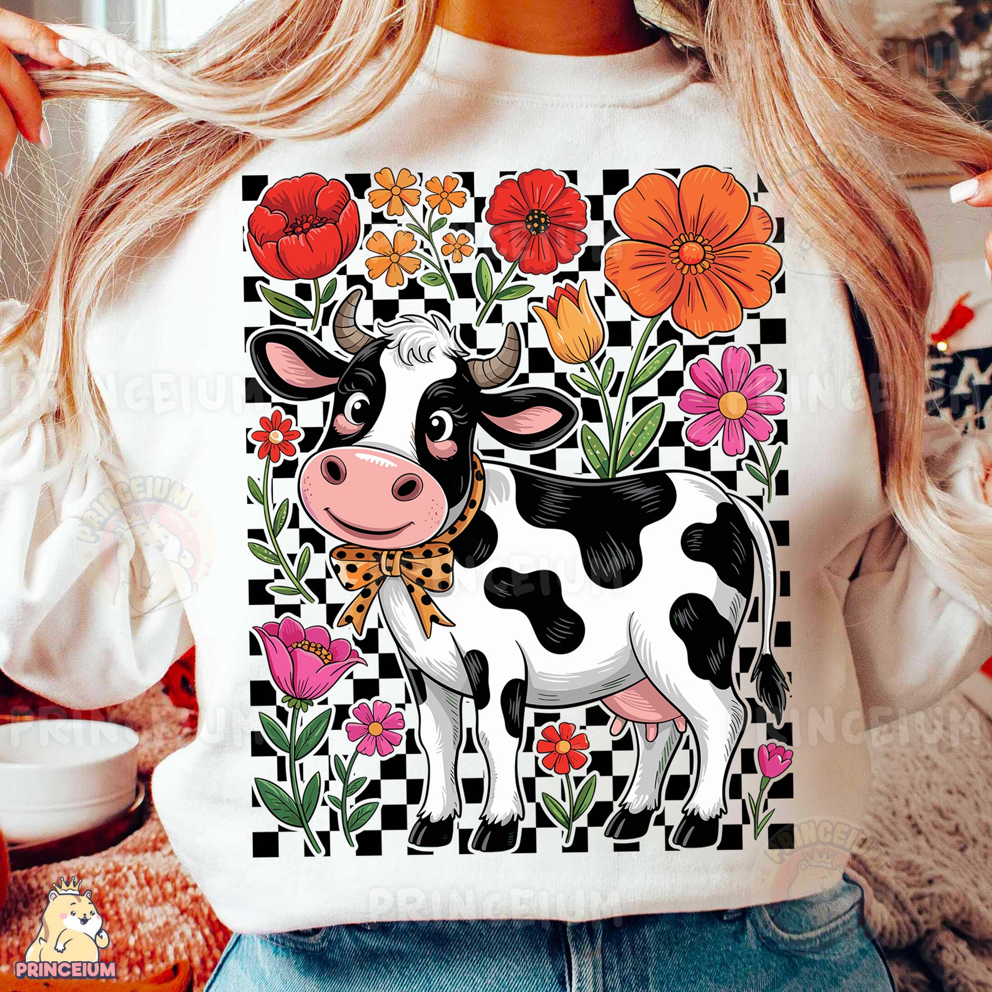 a woman wearing a white shirt with a black and white cow on it
