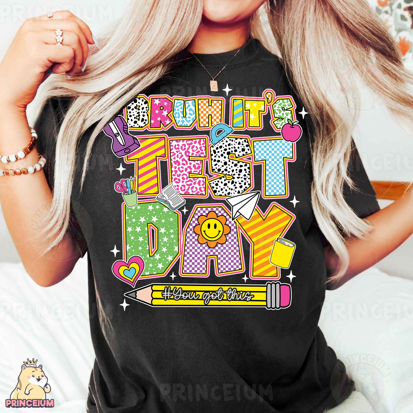 a woman wearing a black tshirt with a happy birthday message