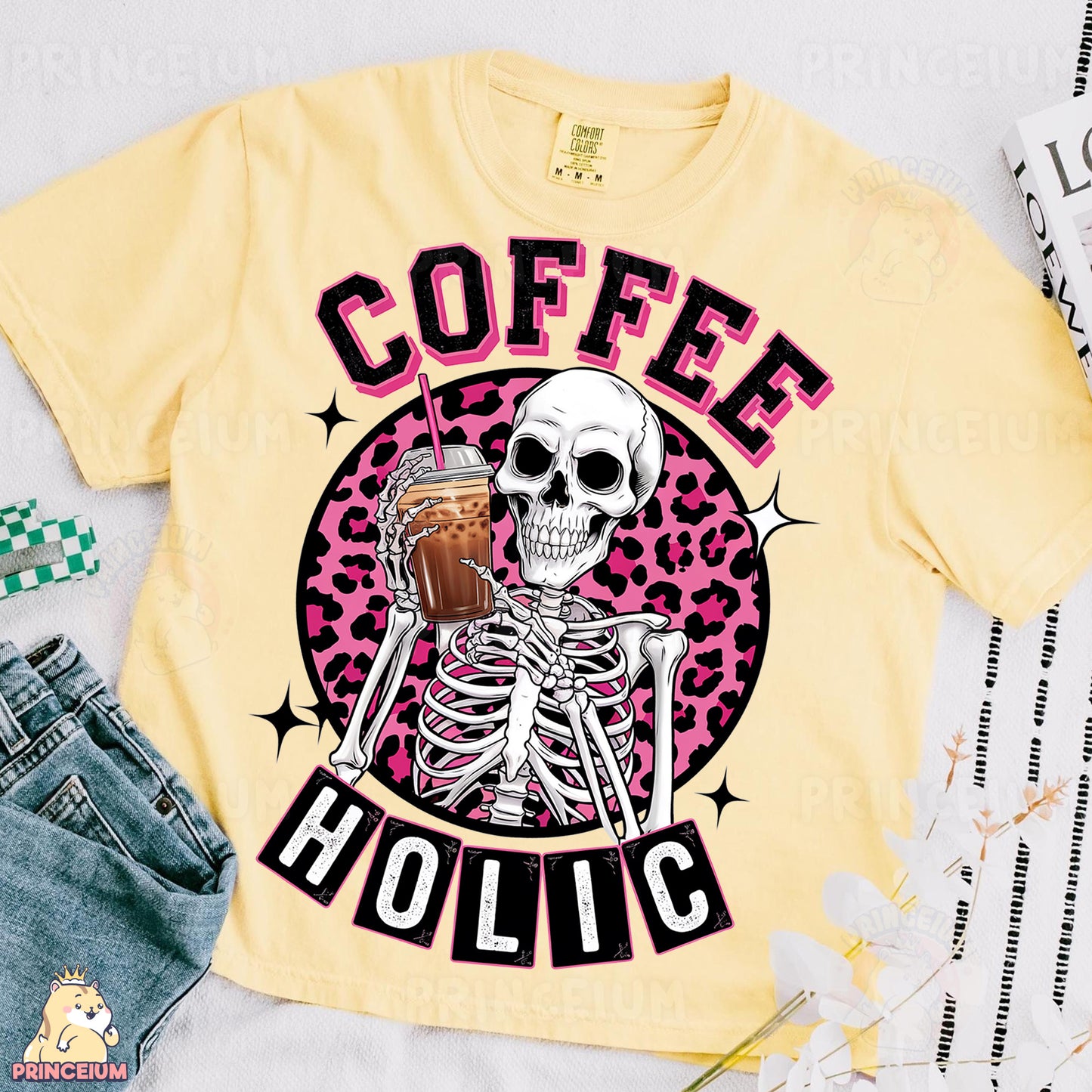 a t - shirt with a skeleton holding a cup of coffee