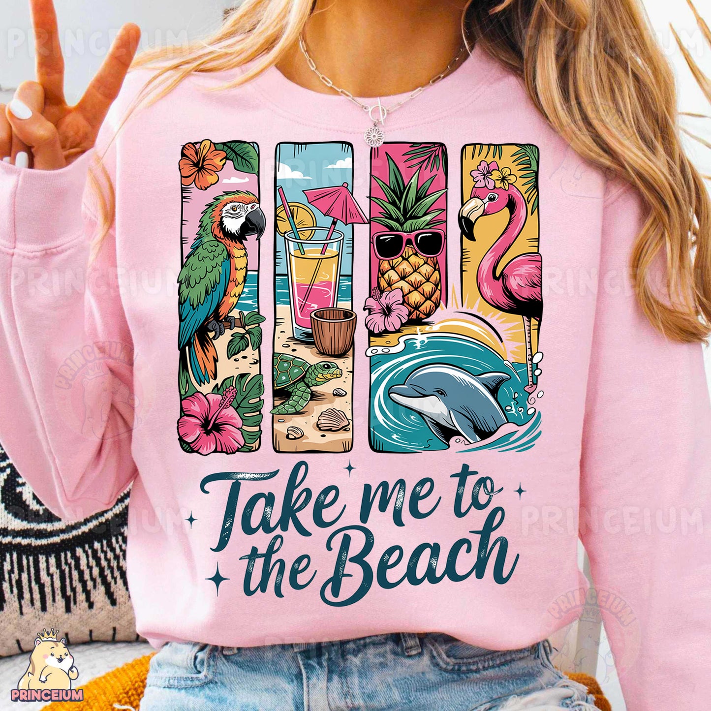 a woman wearing a pink shirt that says take me to the beach